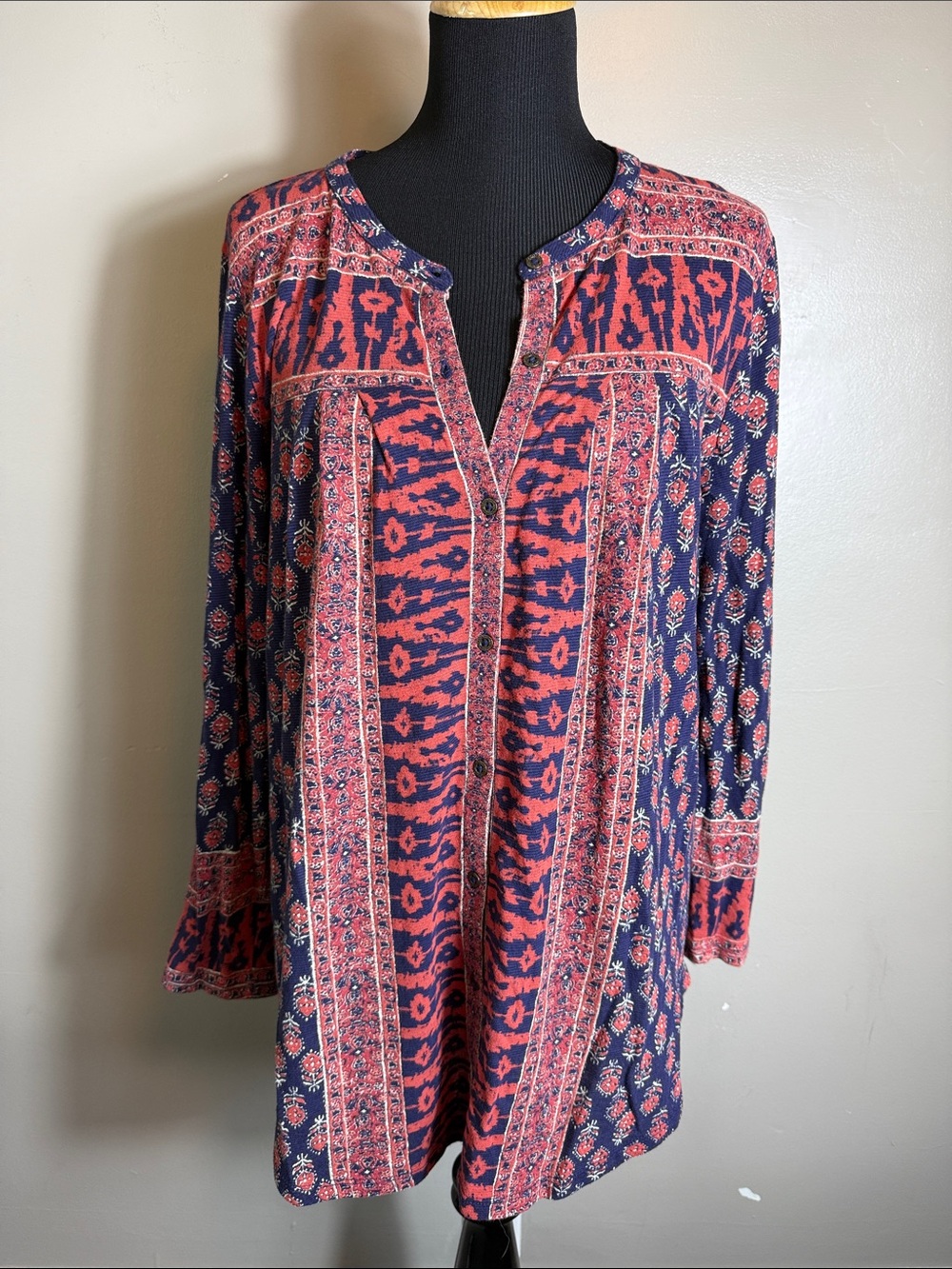 Lucky Brand Boho Printed Button Front Tunic in Navy & Coral Sz XL NWOT